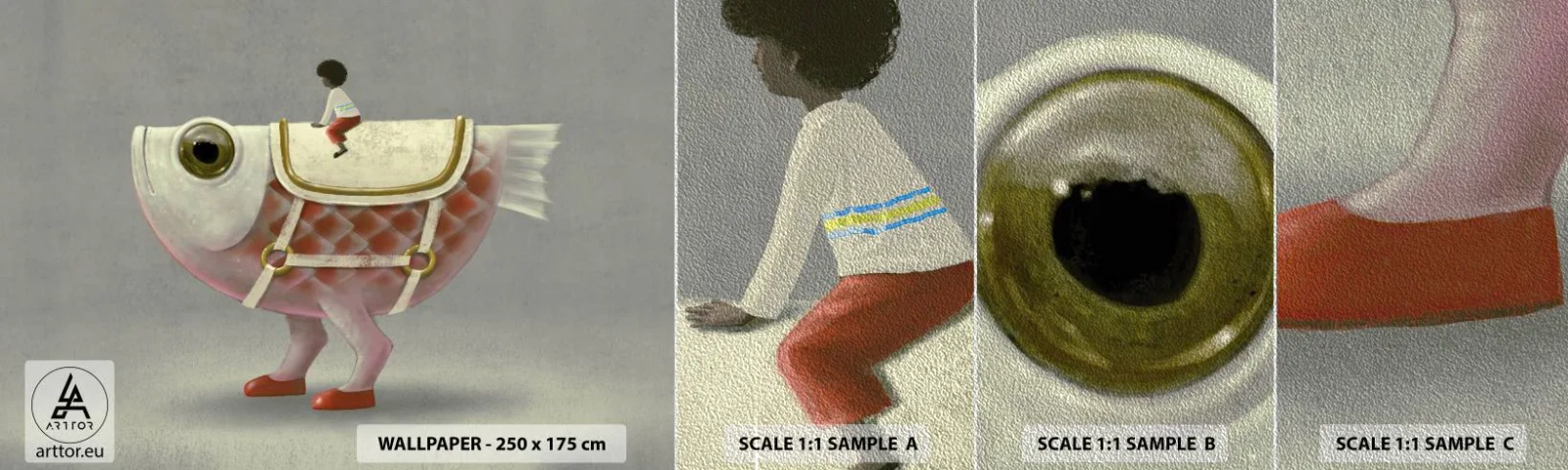 Fototapeten Muster Premium Sand - Reiter auf einem surrealen Fisch - Abstraktion, Fisch, Für Kinder - 100x30 cm