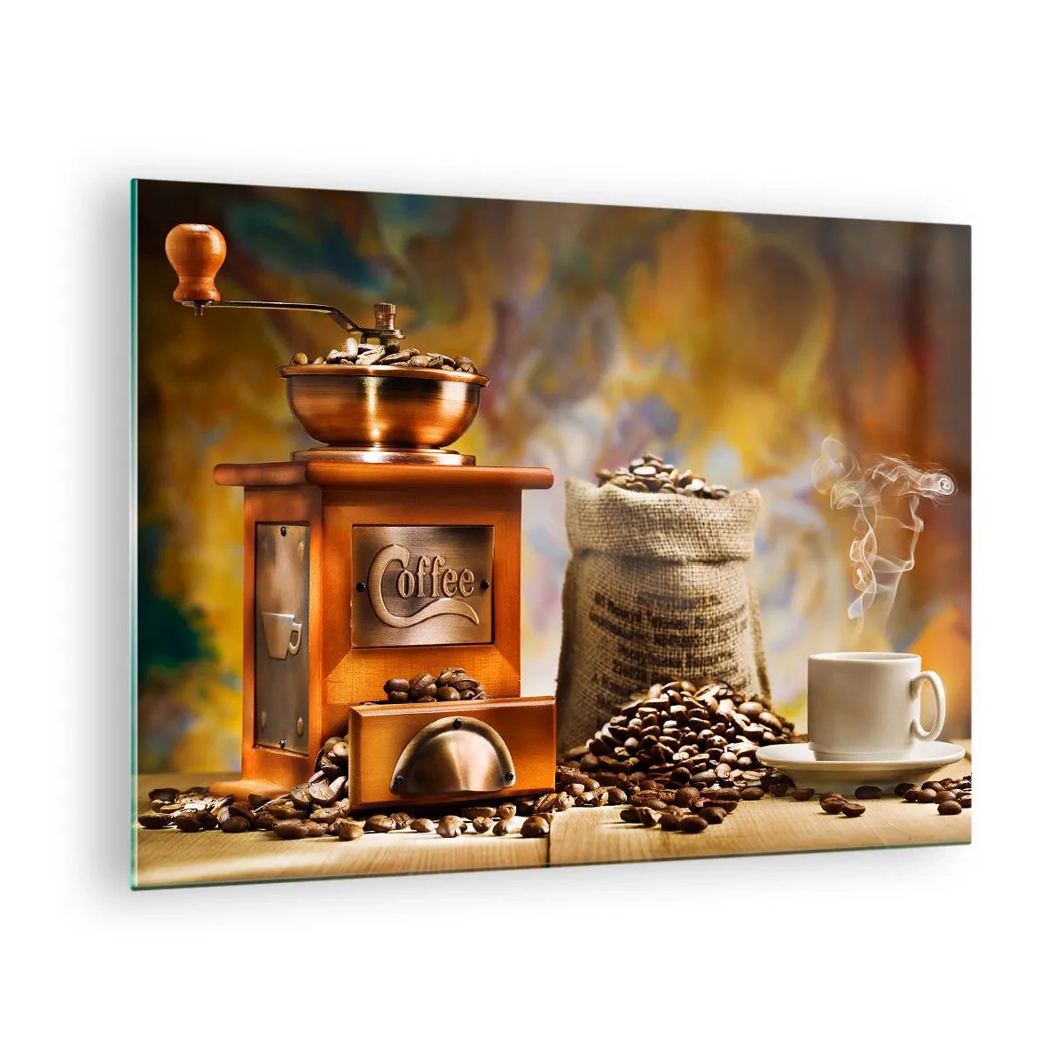 Glasbild - Bild auf glas - Kaffeemühle, Bohnen und eine Tasse auf einem Holztisch - 70x50cm - Das Knirschen der Körner, das Rasseln einer Mühle - Moderne Wanddekoration für Wohnzimmer und Schlafzimmer ARTTOR