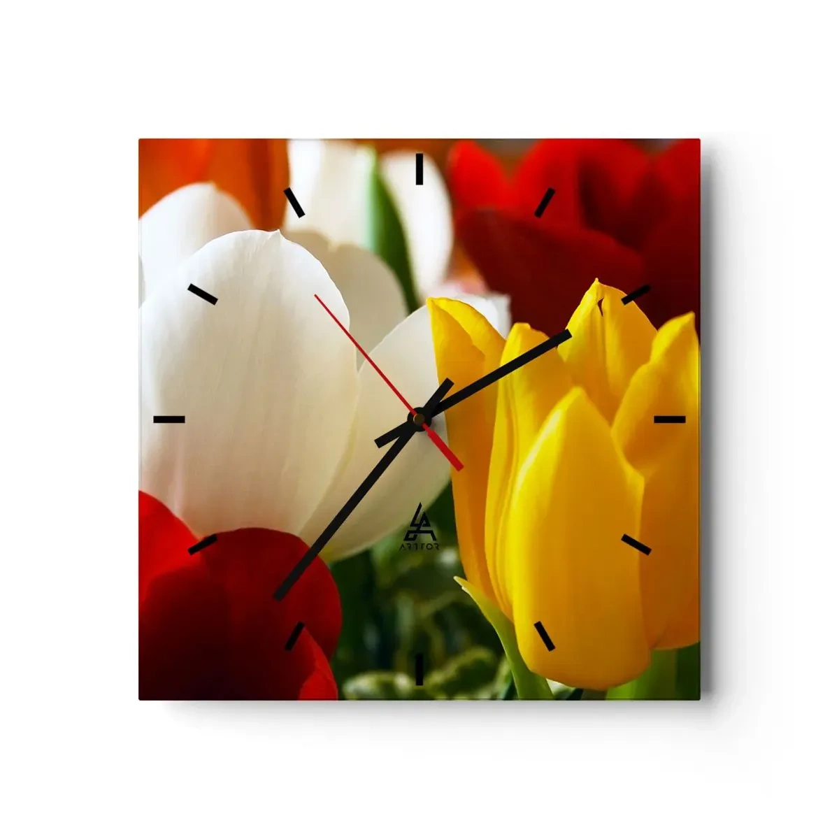 Wanduhr - Glasuhr - Nahaufnahme von bunten Tulpen vor einem Frühlingshintergrund - 30x30cm - Tulpenfieber - Moderne Wanddekoration für Wohnzimmer und Schlafzimmer ARTTOR