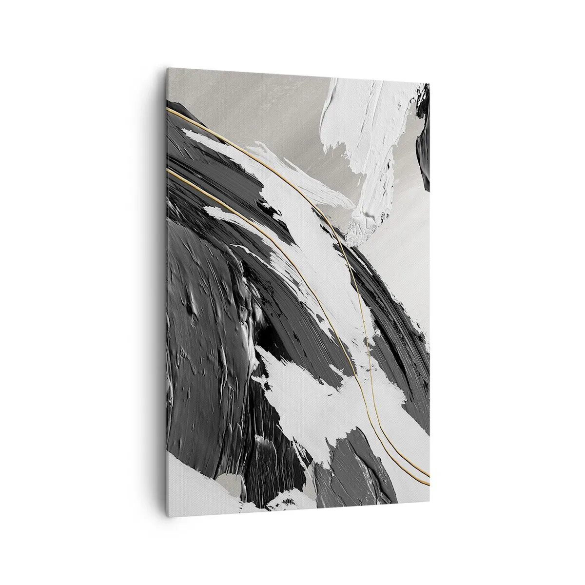 Bild auf Leinwand - Leinwandbild - Schwarze und weiße Pinselstriche mit einem subtilen goldenen Akzent - 80x120cm - Abstraktion in großem Stil - Moderne Wanddekoration für Wohnzimmer und Schlafzimmer ARTTOR