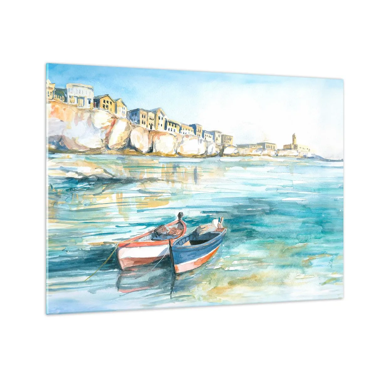 Glasbild - Bild auf glas - Eine aquamarinblaue Bucht mit Booten und Gebäuden auf der Klippe - 70x50cm - Landschaft in Azurblau - Moderne Wanddekoration für Wohnzimmer und Schlafzimmer ARTTOR