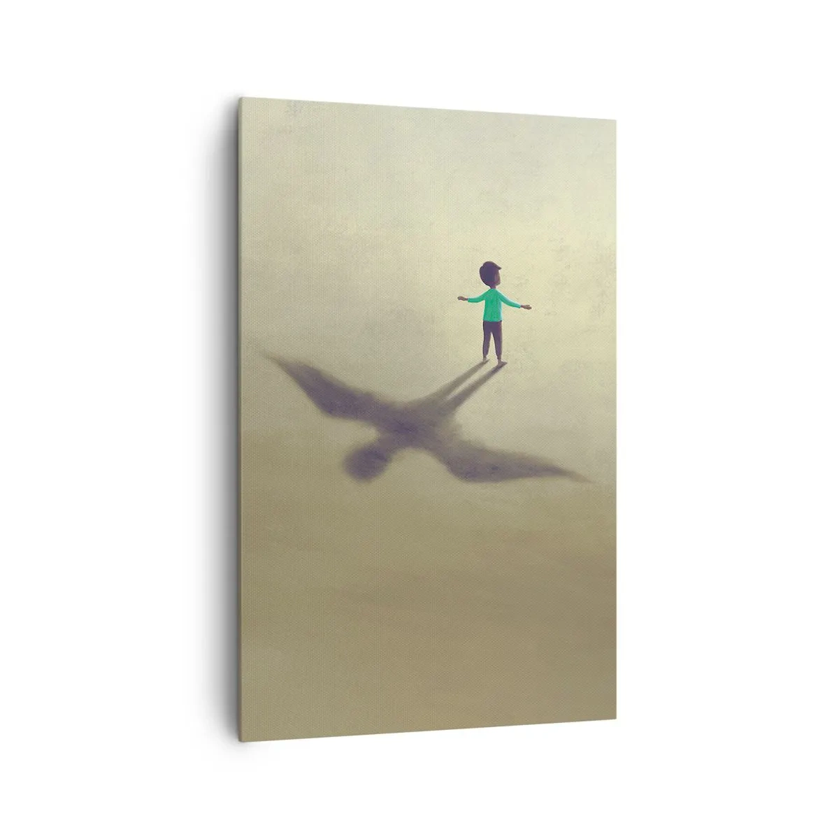 Bild auf Leinwand - Leinwandbild - Eine symbolische Figur eines Kindes mit dem Schatten eines Vogels vor einem Hintergrund in warmen Farbtönen. - 80x120cm - Der Held der Zukunft - Moderne Wanddekoration für Wohnzimmer und Schlafzimmer ARTTOR