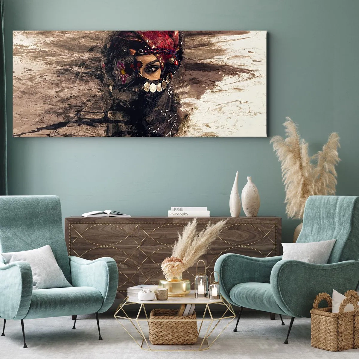 Bild auf Leinwand - Leinwandbild - Künstlerisches Porträt einer Frau in orientalischer Kleidung vor abstraktem Hintergrund. - 160x50cm - Gelinde gesagt besorgniserregend - Moderne Wanddekoration für Wohnzimmer und Schlafzimmer ARTTOR