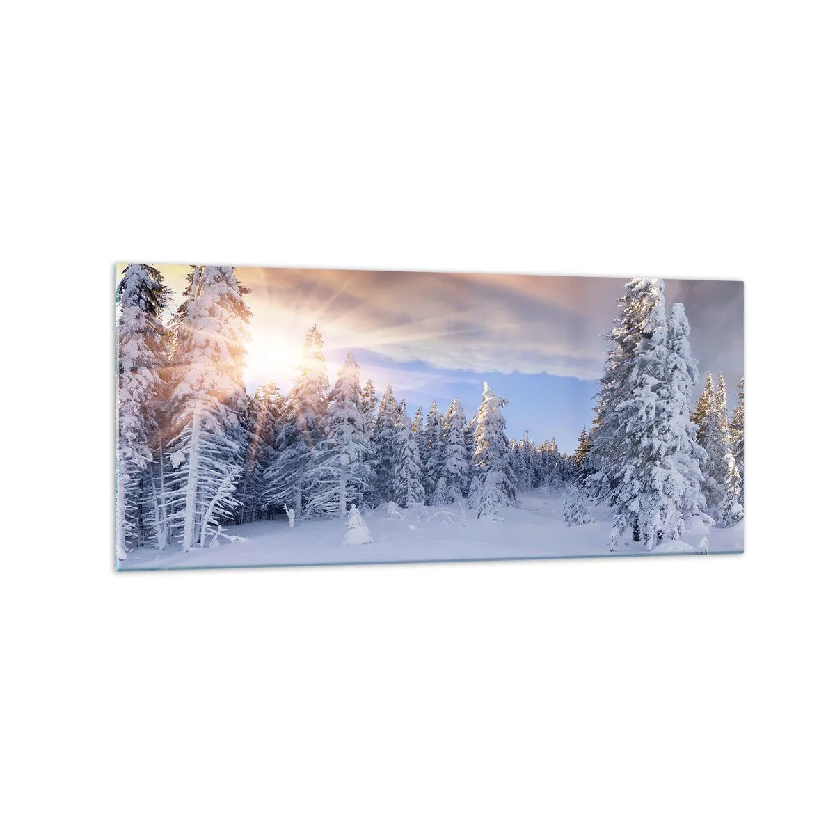 Glasbild - Bild auf glas - Winterlandschaft mit schneebedecktem Wald bei Sonnenuntergang - 120x50cm - Ein verschneites Naturschauspiel - Moderne Wanddekoration für Wohnzimmer und Schlafzimmer ARTTOR