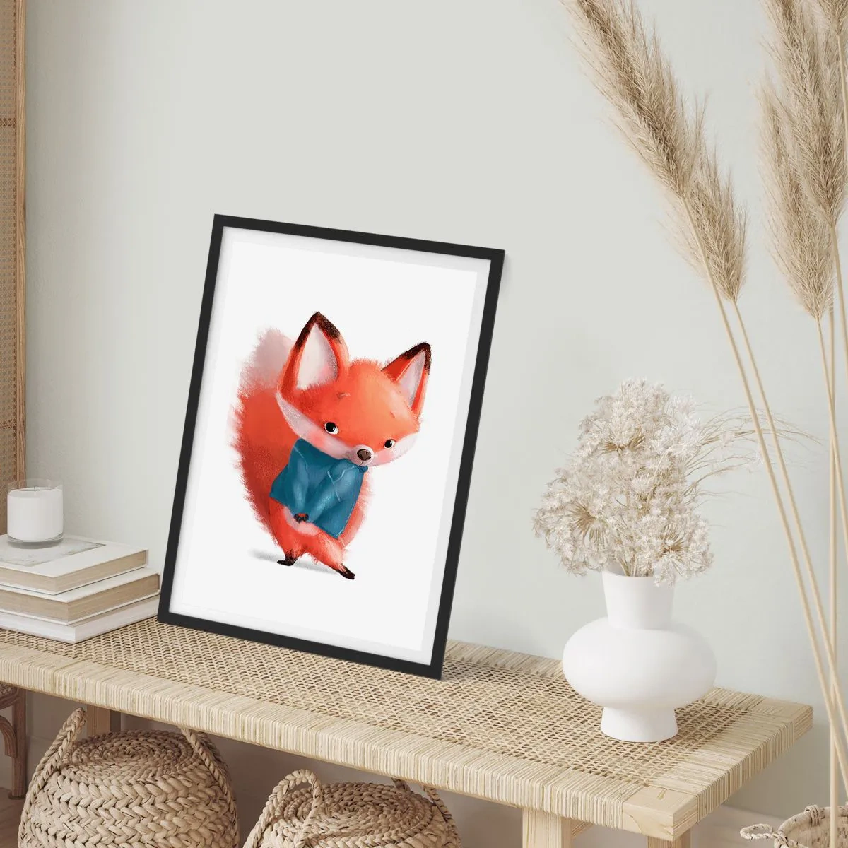 Poster in einem schwarzem Rahmen - Ein charmanter Rotfuchs im blauen Pullover - 50x70cm - Steht mir das gut? - Moderne Wanddekoration für Wohnzimmer und Schlafzimmer ARTTOR