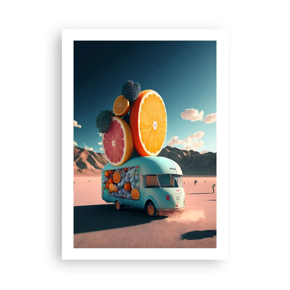 Poster - Schicker Obst-Truck in der Wüste - 50x70cm - Geschmack von Urlaub - Moderne Wanddekoration für Wohnzimmer und Schlafzimmer ARTTOR