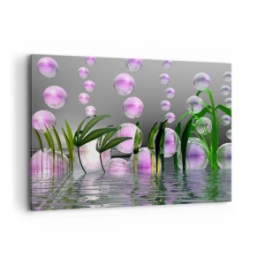 Bild auf Leinwand - Leinwandbild - Grüne Blätter und rosa Blasen über dem Wasser auf grauem Hintergrund - 100x70cm - Eine reflektierende Komposition aus Leichtigkeit und Leben - Moderne Wanddekoration für Wohnzimmer und Schlafzimmer ARTTOR