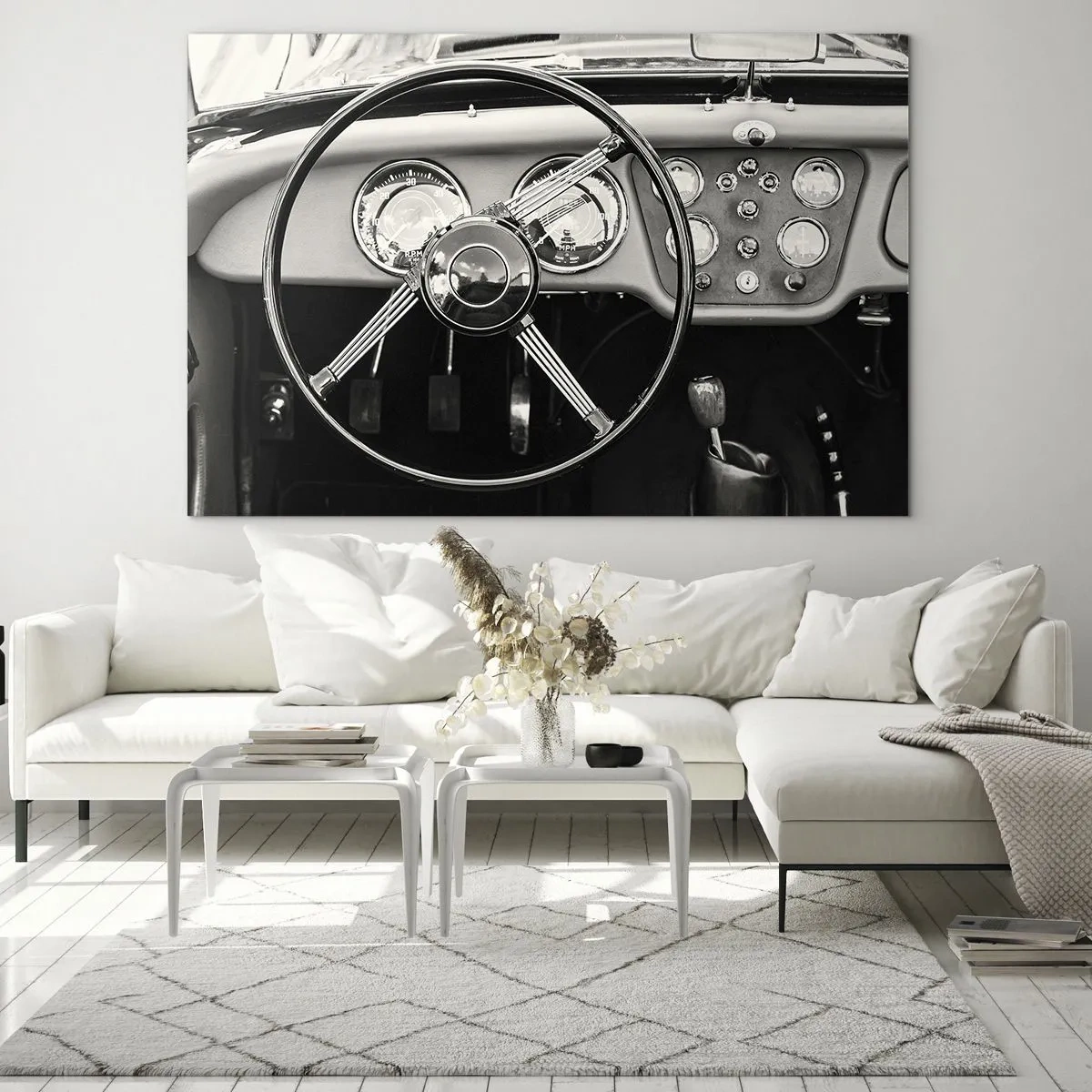 Glasbild - Bild auf glas - Das Lenkrad und die Uhren eines Oldtimers in Sepia - 70x50cm - Ein Sammlertraum - Moderne Wanddekoration für Wohnzimmer und Schlafzimmer ARTTOR