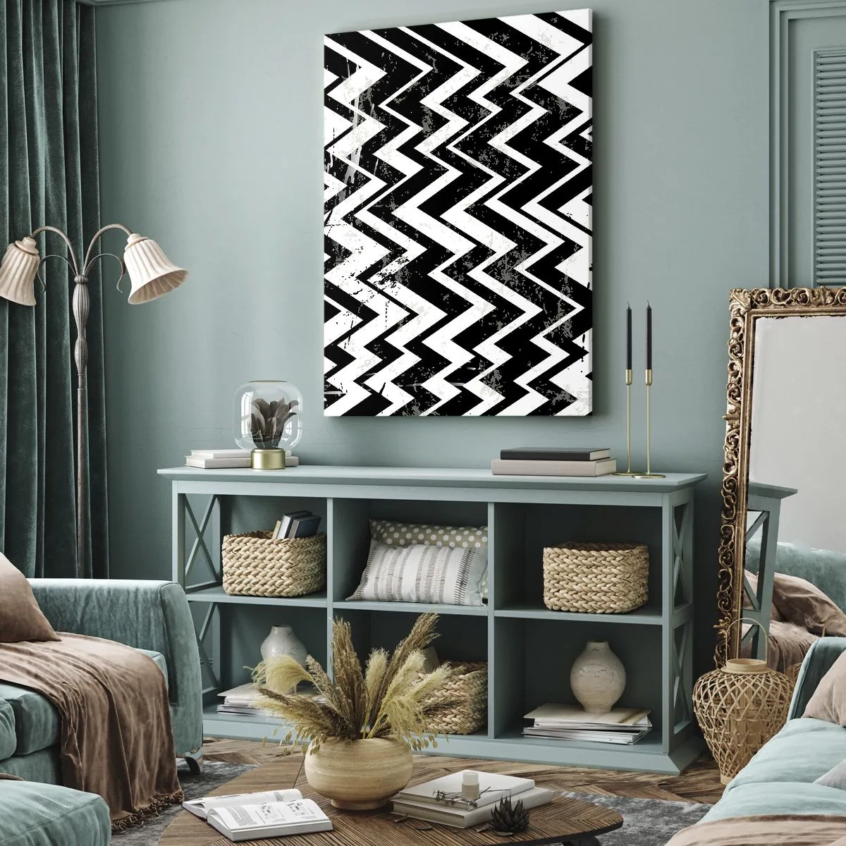 Bild auf Leinwand - Leinwandbild - Zick-weiß, Zack-schwarz - 65x120 cm