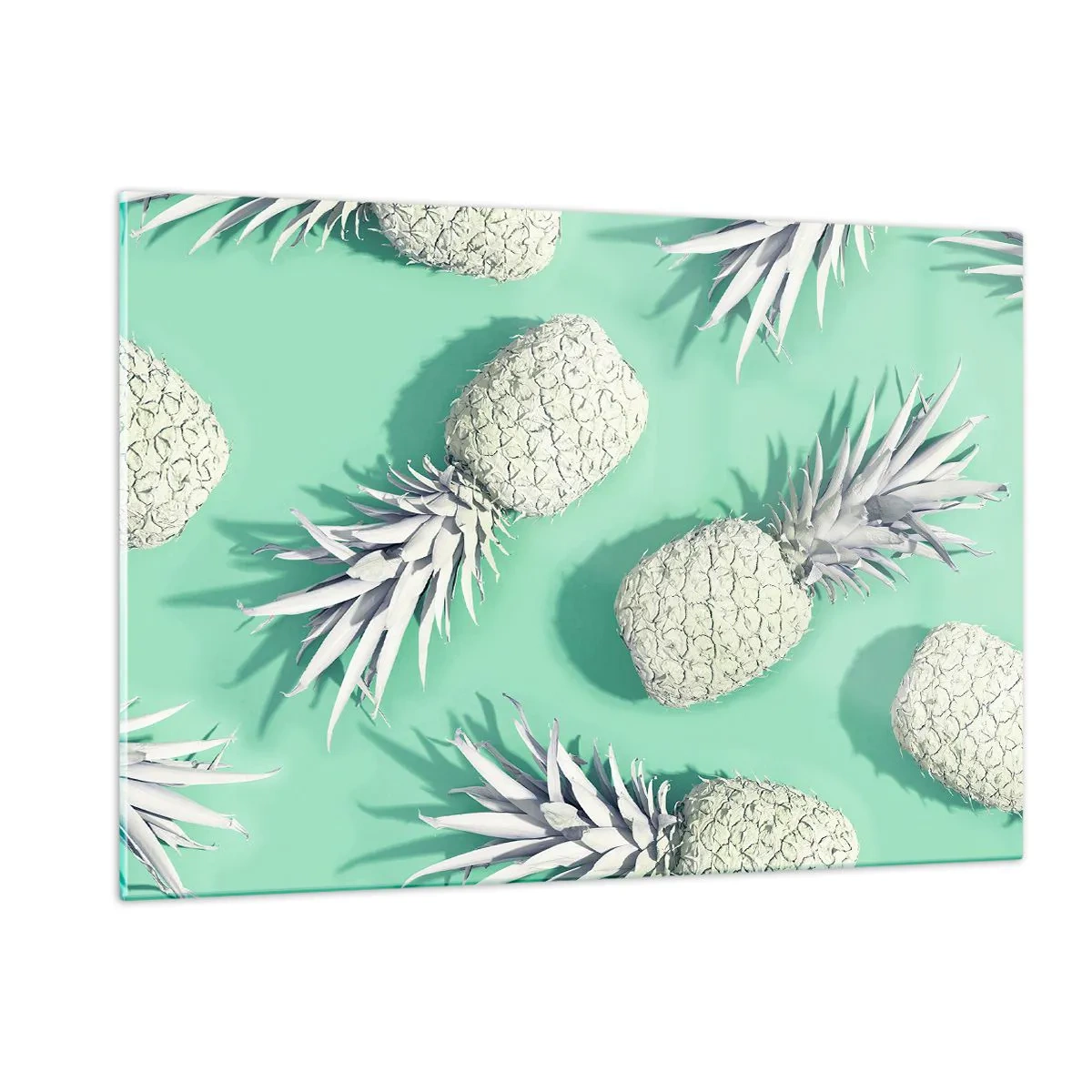 Glasbild - Bild auf glas - Weiße Ananas auf mintgrünem Hintergrund in einer künstlerischen Komposition - 120x80cm - Das passt gut zu Minze - Moderne Wanddekoration für Wohnzimmer und Schlafzimmer ARTTOR