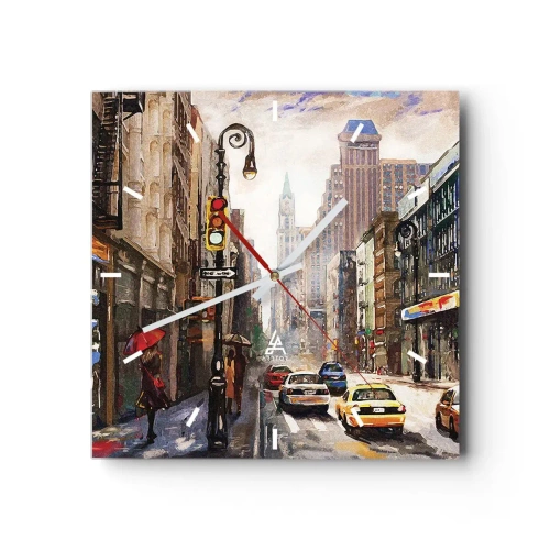 Wanduhr - Glasuhr - Stadtbild mit einer Straße und gelben Taxis - 30x30cm - New York - auch im Regen bunt - Moderne Wanddekoration für Wohnzimmer und Schlafzimmer ARTTOR
