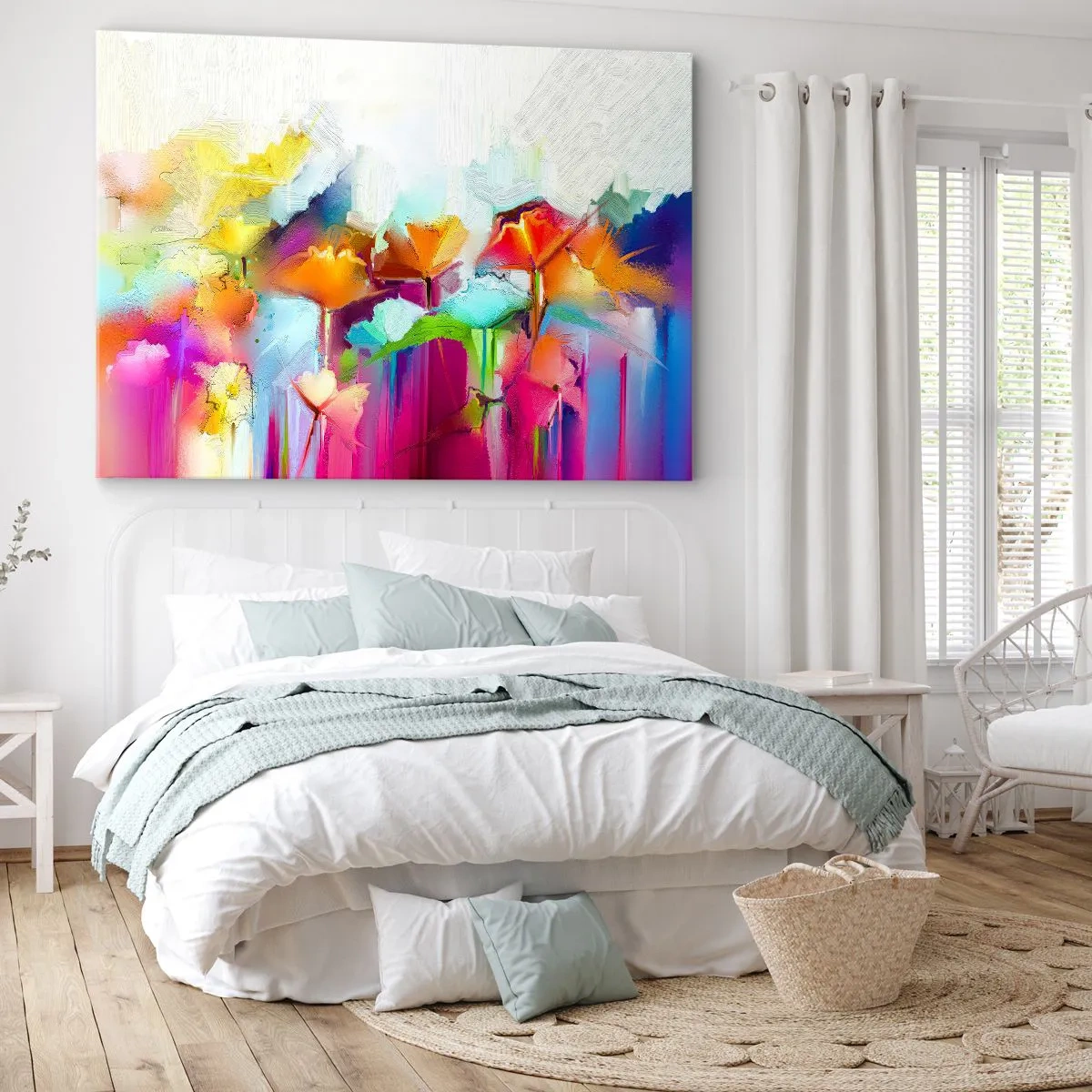 Bild auf Leinwand - Leinwandbild - Abstrakte bunte Blumen auf hellem Hintergrund - 70x50cm - Der Regenbogen ist aufgeblüht - Moderne Wanddekoration für Wohnzimmer und Schlafzimmer ARTTOR