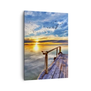 Bild auf Leinwand - Leinwandbild - Holzsteg über dem See bei Sonnenuntergang - 50x70cm - Der Wind geht zur Ruhe - Moderne Wanddekoration für Wohnzimmer und Schlafzimmer ARTTOR