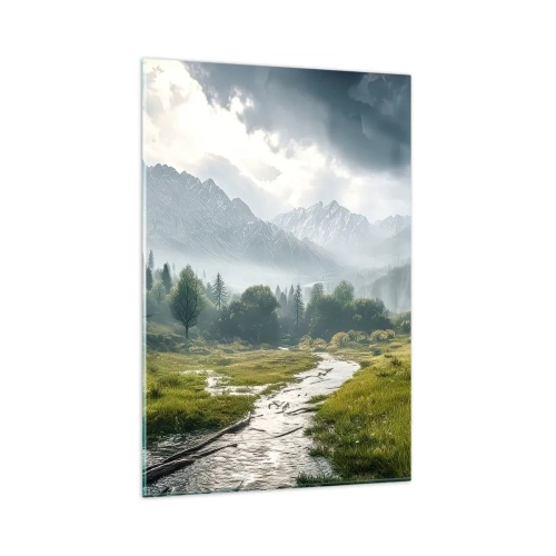 Glasbild - Bild auf glas - Eine Berglandschaft mit einem Fluss und Bäumen, umgeben von nebligen Bergen - 80x120cm - Hin und zurück - Moderne Wanddekoration für Wohnzimmer und Schlafzimmer ARTTOR