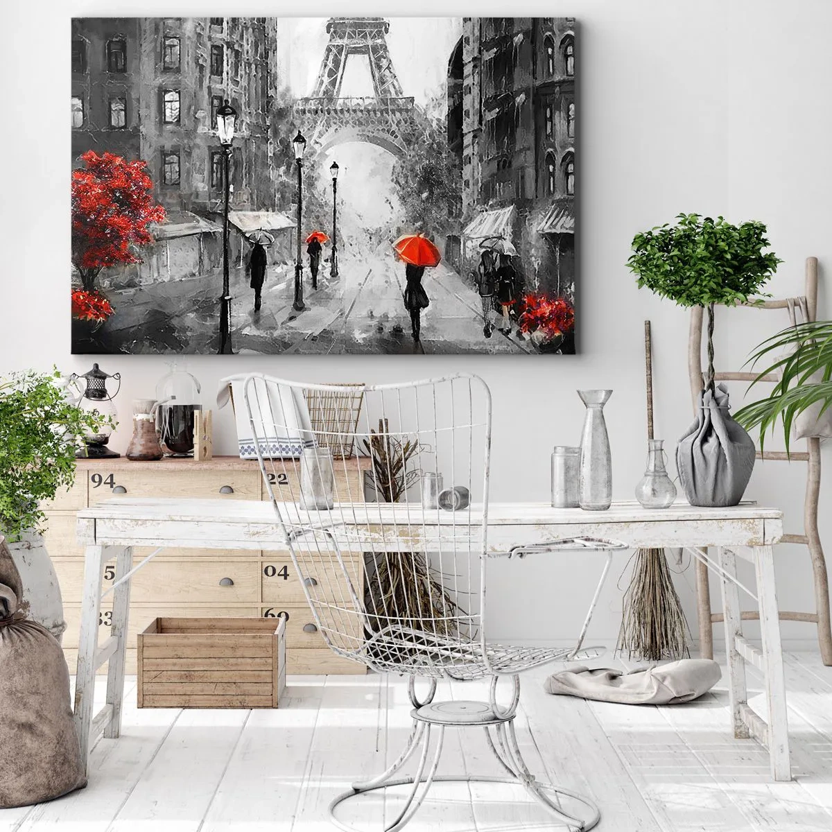 Bild auf Leinwand - Leinwandbild - Eine Straße mit Blick auf den Eiffelturm und roten Regenschirmen - 70x50cm - Alle Wege führen zu ihr - Moderne Wanddekoration für Wohnzimmer und Schlafzimmer ARTTOR