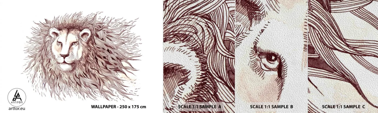 Fototapeten Muster Premium Sand - Ein feuriger Herrscher - Tiere, Löwe, Abstraktion - 100x30 cm