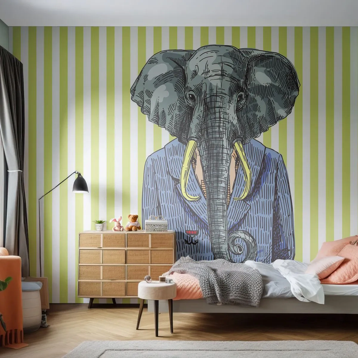 Fototapete Premium Sand - Ein Elefant in einem eleganten Anzug vor einem pastellgestreiften Hintergrund. - 100x70cm - Von Natur aus elegant - Moderne Wanddekoration für Wohnzimmer und Schlafzimmer ARTTOR