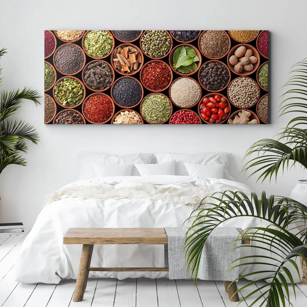 Bild auf Leinwand - Leinwandbild - Bunte Gewürze in runden Behältern - 120x50cm - Alle Aromen der Welt - Moderne Wanddekoration für Wohnzimmer und Schlafzimmer ARTTOR