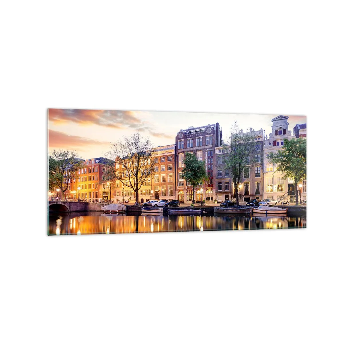 Glasbild - Bild auf glas - Kanal mit Spiegelung von Mietshäusern im Abendlicht - 120x50cm - Zurückhaltende und gelassene niederländische Schönheit - Moderne Wanddekoration für Wohnzimmer und Schlafzimmer ARTTOR