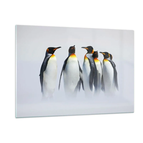 Glasbild - Bild auf glas - Eine Gruppe Pinguine in einer Winterlandschaft - 120x80cm - Treffen in Abendkleidern - Moderne Wanddekoration für Wohnzimmer und Schlafzimmer ARTTOR