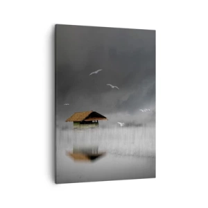 Bild auf Leinwand - Leinwandbild - Ein einsames Häuschen am Wasser, umgeben von Nebel und Vögeln - 50x70cm - Schutz vor Regen - Moderne Wanddekoration für Wohnzimmer und Schlafzimmer ARTTOR
