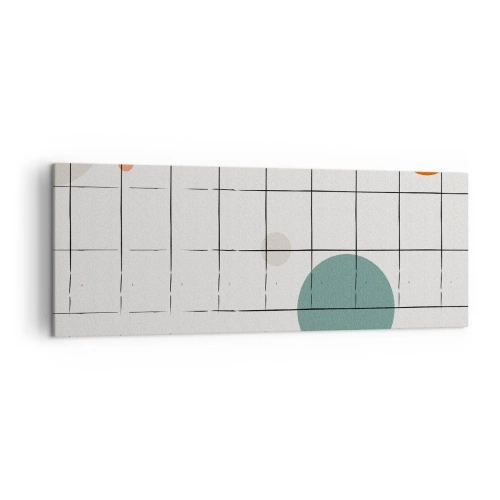 Bild auf Leinwand - Leinwandbild - Abstrakte farbige Kreise auf einem geometrischen Gitterhintergrund - 140x50cm - Gefangen. Wir oder sie? - Moderne Wanddekoration für Wohnzimmer und Schlafzimmer ARTTOR