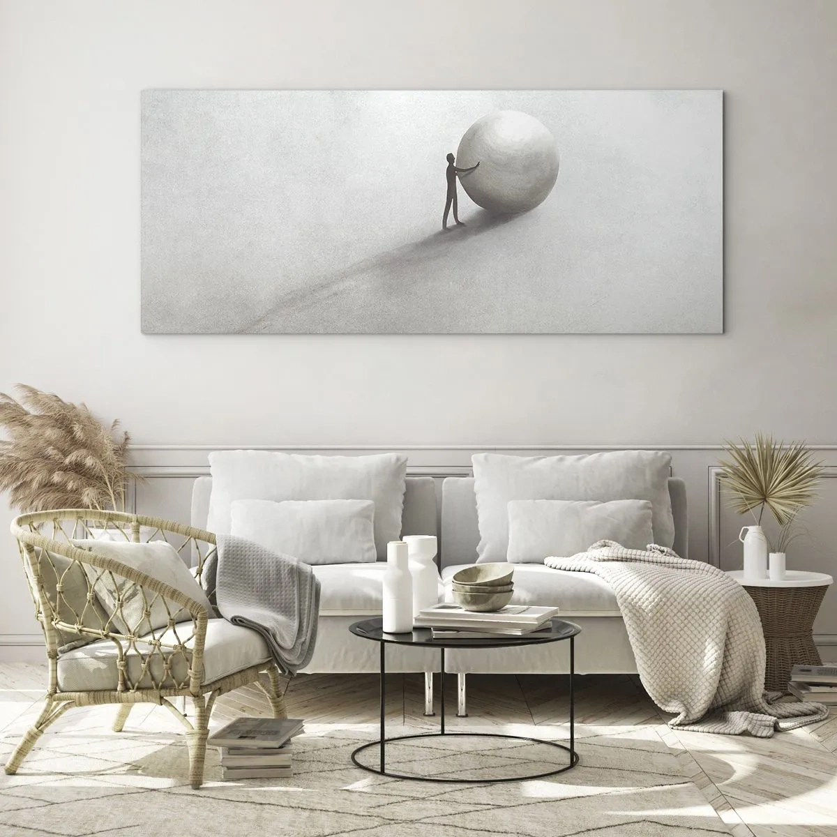 Glasbild - Bild auf glas - Eine minimalistische Figur mit einem Ball auf einem hellen, monochromen Hintergrund. - 140x50cm - Das Spiel des Lebens - Moderne Wanddekoration für Wohnzimmer und Schlafzimmer ARTTOR