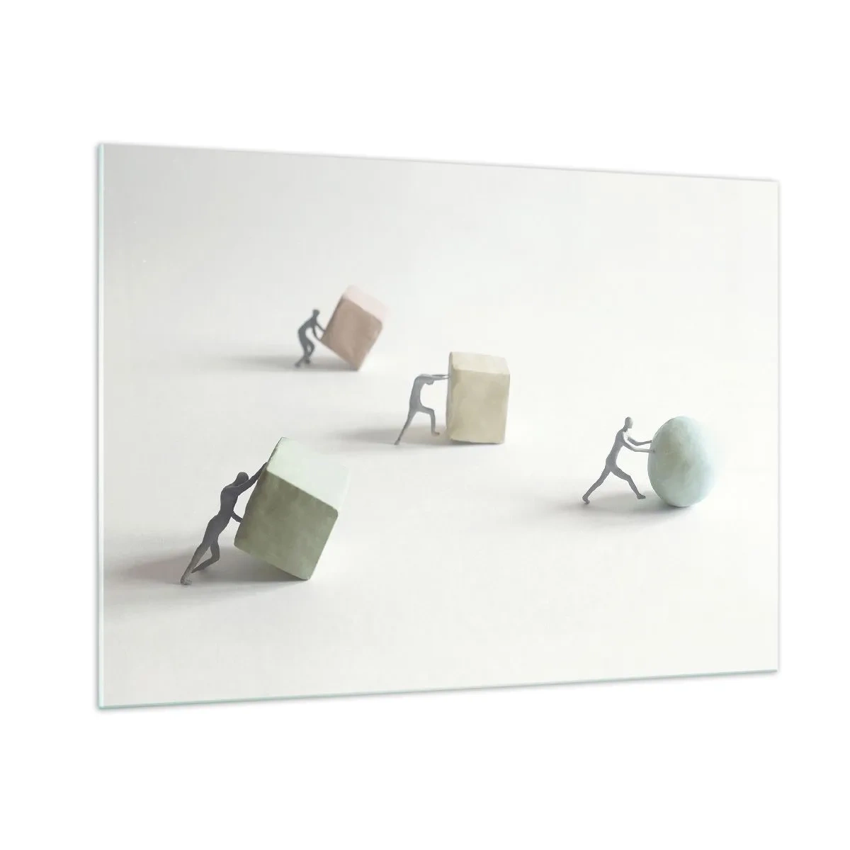 Glasbild - Bild auf glas - Miniaturfiguren rollen und schieben geometrische Formen. - 100x70cm - Pures Leben - Moderne Wanddekoration für Wohnzimmer und Schlafzimmer ARTTOR