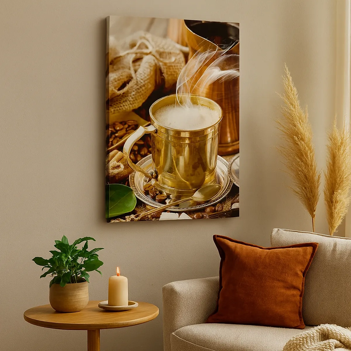 Bild auf Leinwand - Leinwandbild - Eine goldene Tasse Kaffee, umgeben von Bohnen, Krügen und Croissants - 50x70cm - Schönen Tag noch! - Moderne Wanddekoration für Wohnzimmer und Schlafzimmer ARTTOR