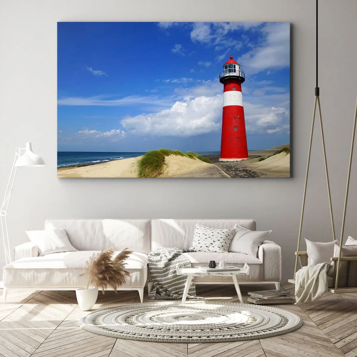 Bild auf Leinwand - Leinwandbild - Roter Leuchtturm am Strand unter blauem Himmel - 100x70cm - Traum Einsamkeit - Moderne Wanddekoration für Wohnzimmer und Schlafzimmer ARTTOR