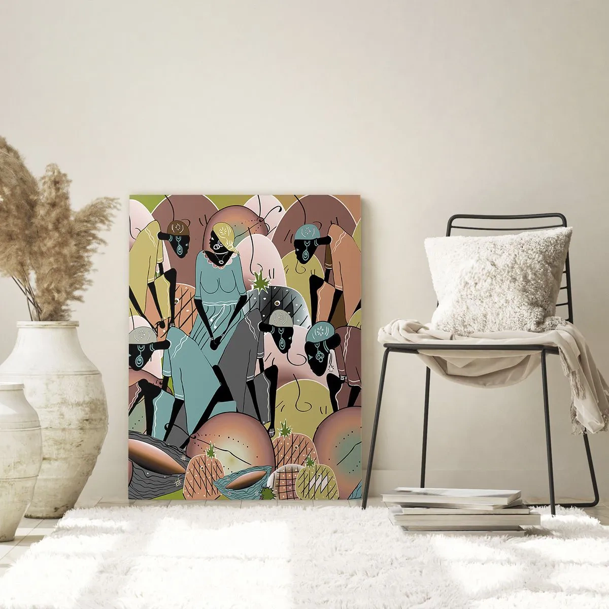 Glasbild - Bild auf glas - Eine abstrakte Illustration von Figuren in Beige-, Grün- und Rosatönen. - 50x70cm - Ein toller Urlaub steht bevor - Moderne Wanddekoration für Wohnzimmer und Schlafzimmer ARTTOR