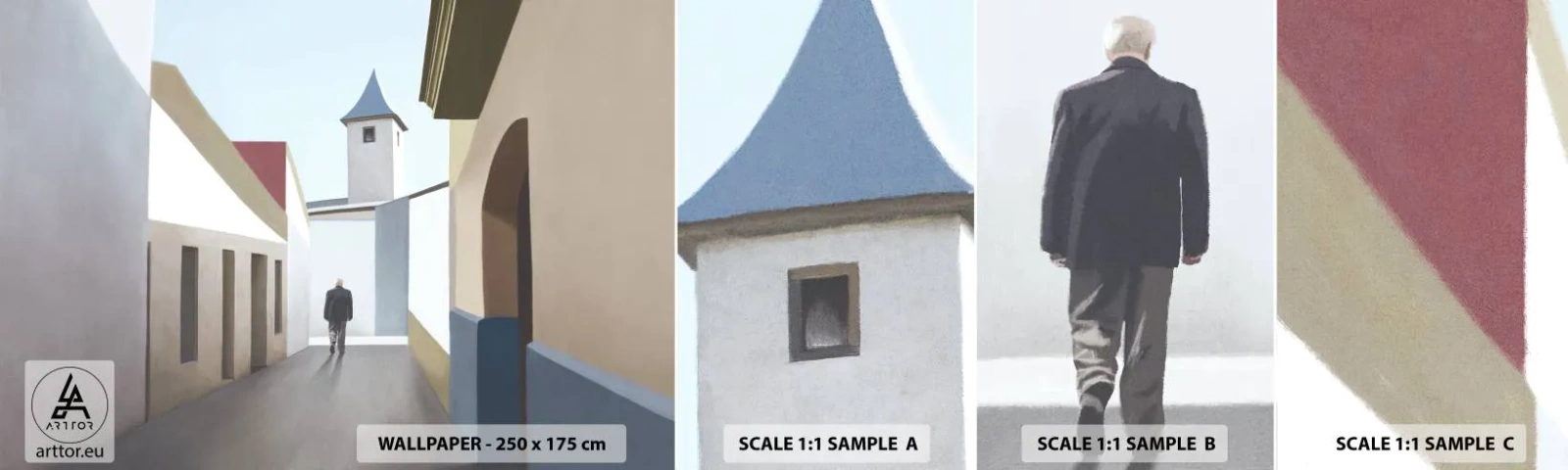 Fototapeten Muster Selbstklebend Deluxe Sticker - Sonniger Spaziergang - Pastell, Gebäude, Die Architektur - 100x30 cm