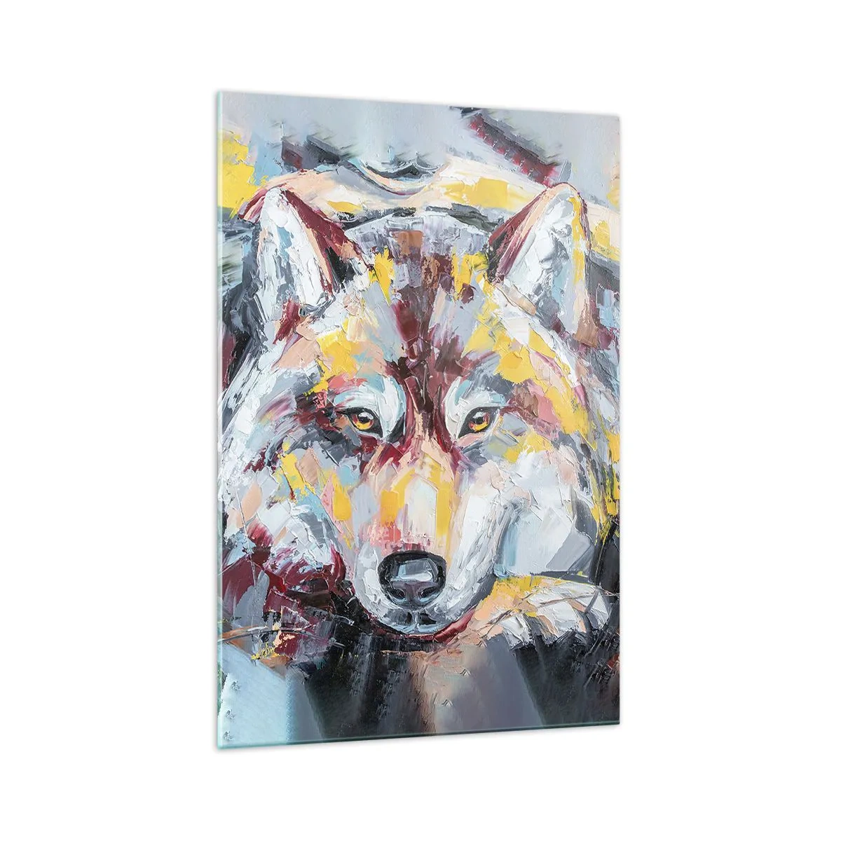 Glasbild - Bild auf glas - Künstlerisches Wolfsportrait in intensiven Farben - 70x100cm - Seelenfrieden unter den Lieben - Moderne Wanddekoration für Wohnzimmer und Schlafzimmer ARTTOR
