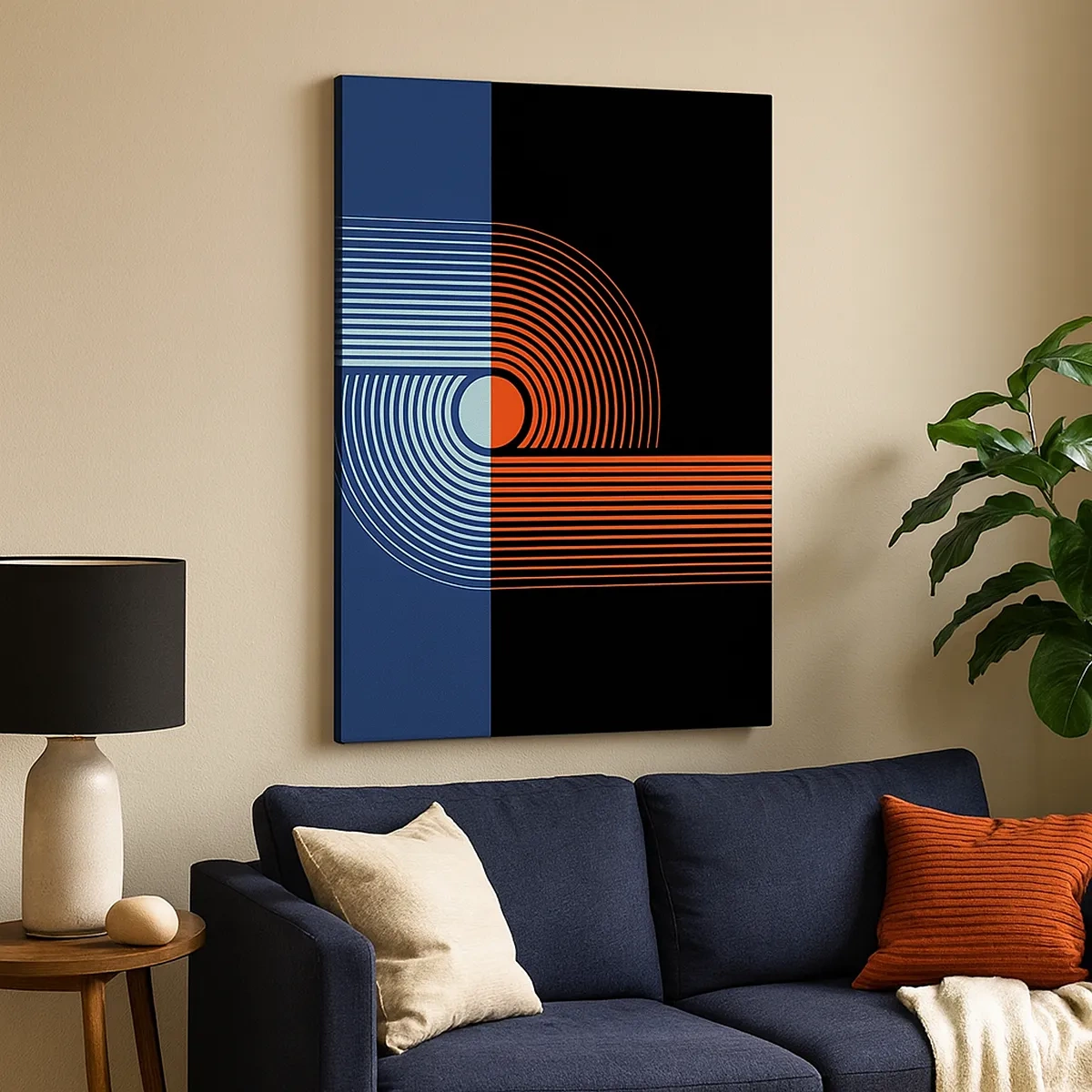 Bild auf Leinwand - Leinwandbild - Geometrische Abstraktion mit Linien in Marineblau und Orange. - 50x70cm - In einer geometrischen Umarmung - Moderne Wanddekoration für Wohnzimmer und Schlafzimmer ARTTOR