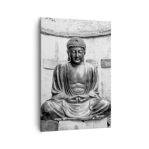Bild auf Leinwand - Leinwandbild - Schwarz-weiße Buddha-Statue in meditativer Pose - 70x100cm - An der Quelle des Friedens - Moderne Wanddekoration für Wohnzimmer und Schlafzimmer ARTTOR