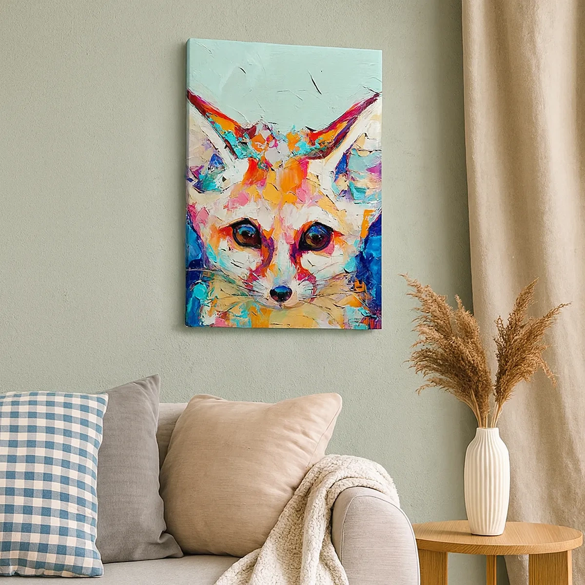 Bild auf Leinwand - Leinwandbild - Ein farbenfrohes Porträt eines Fenneks im Stil der expressiven Malerei. - 50x70cm - Bist du bereit für mich? - Moderne Wanddekoration für Wohnzimmer und Schlafzimmer ARTTOR