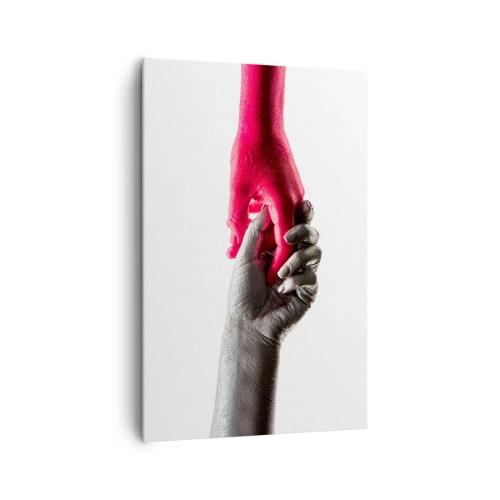 Bild auf Leinwand - Leinwandbild - Symbolische Hände in Silber und Rot - 80x120cm - Gemeinsam, obwohl anders - Moderne Wanddekoration für Wohnzimmer und Schlafzimmer ARTTOR