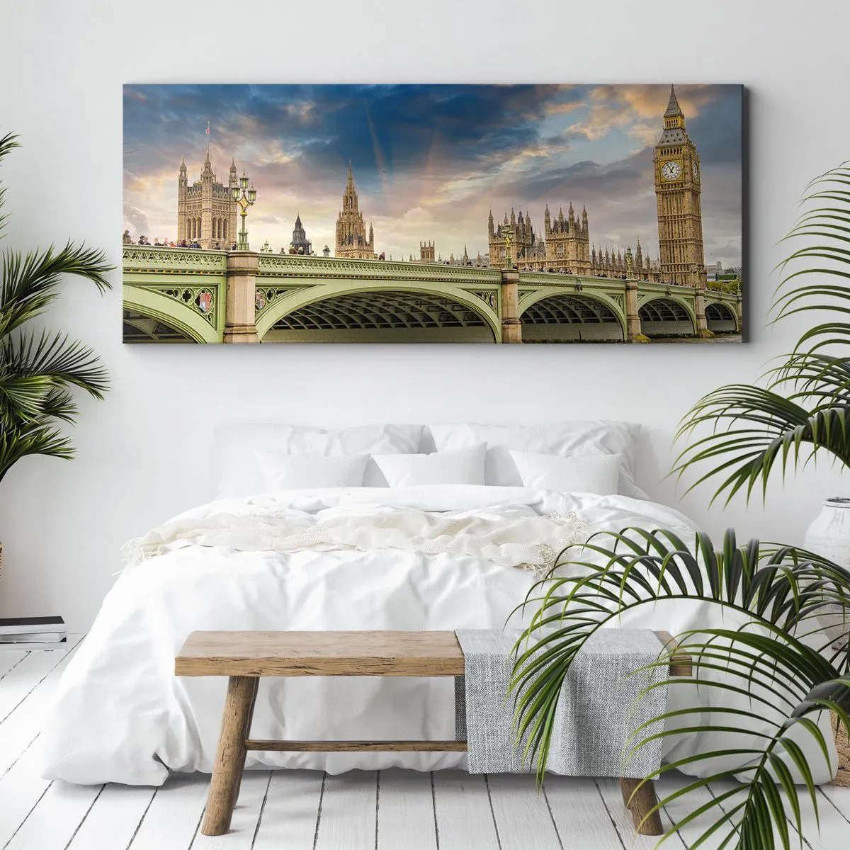 Bild auf Leinwand - Leinwandbild - Big Ben und Westminster Bridge gegen den Himmel in der Abenddämmerung - 120x50cm - Im Imperium ist die Zeit stehen geblieben - Moderne Wanddekoration für Wohnzimmer und Schlafzimmer ARTTOR