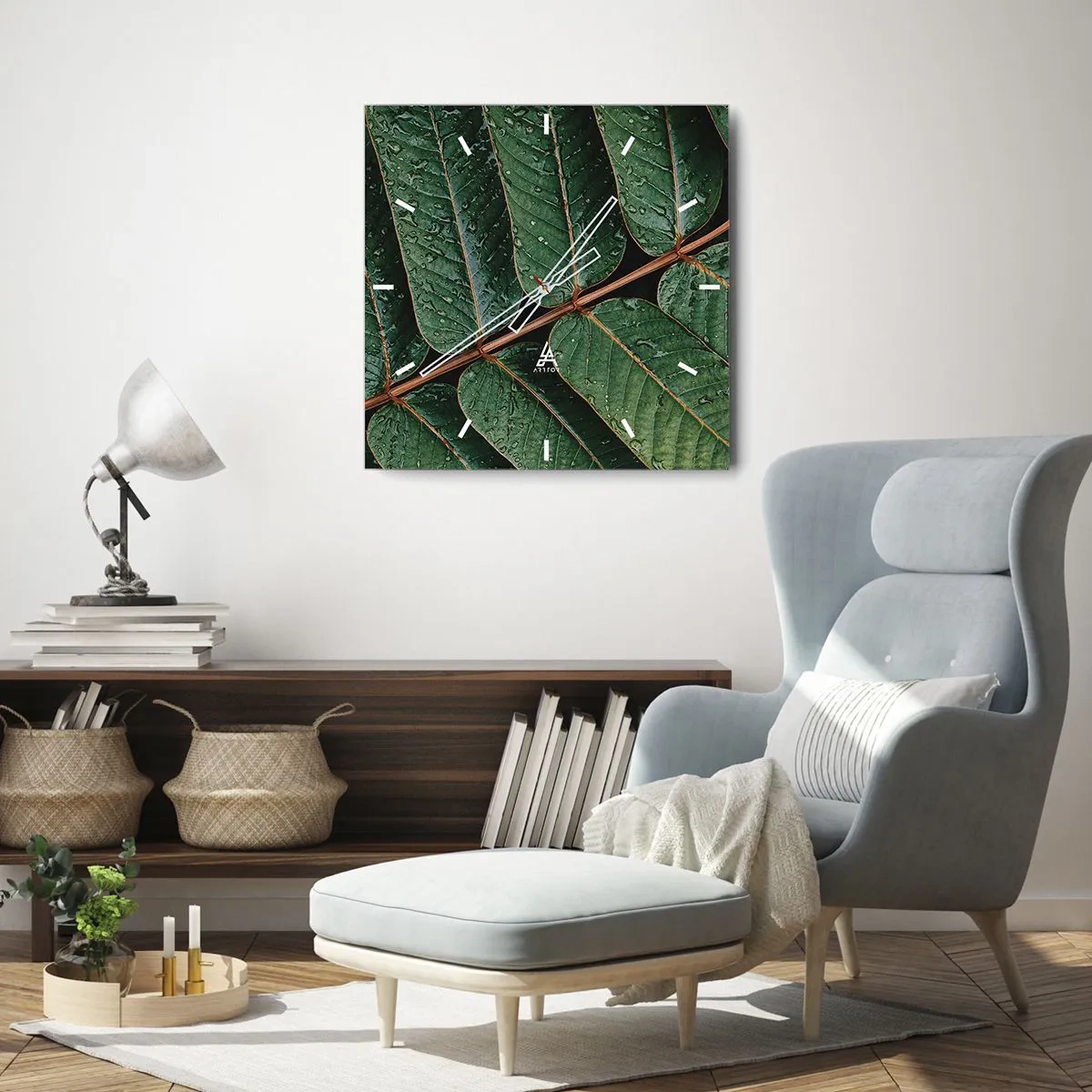 Wanduhr - Glasuhr - Makroaufnahme von grünen Blättern mit Tautropfen - 30x30cm - Im grünen Rhythmus - Moderne Wanddekoration für Wohnzimmer und Schlafzimmer ARTTOR