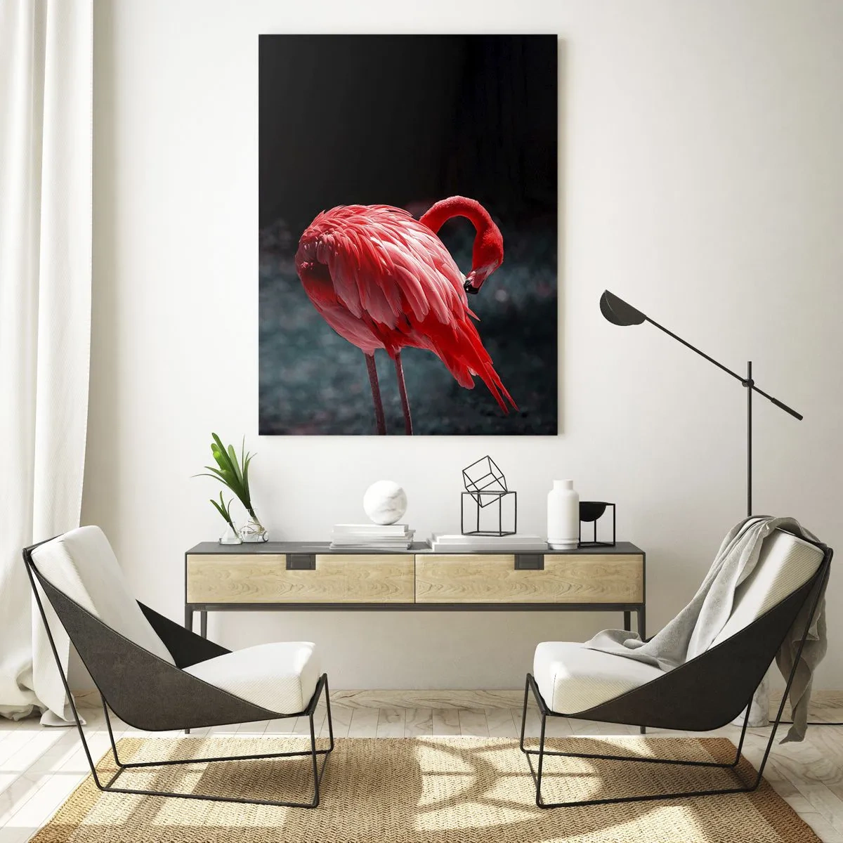 Glasbild - Bild auf glas - Ein rosa Flamingo auf dunkelgrünem Hintergrund - 70x100cm - Ein purpurrotes Gedicht der Natur - Moderne Wanddekoration für Wohnzimmer und Schlafzimmer ARTTOR
