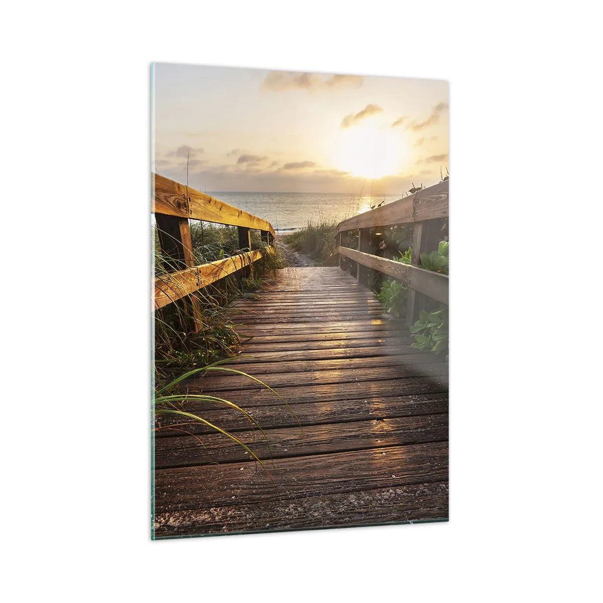 Glasbild - Bild auf glas - Holzsteg zum Strand bei Sonnenuntergang - 50x70cm - Und direkt ans Ufer - Moderne Wanddekoration für Wohnzimmer und Schlafzimmer ARTTOR