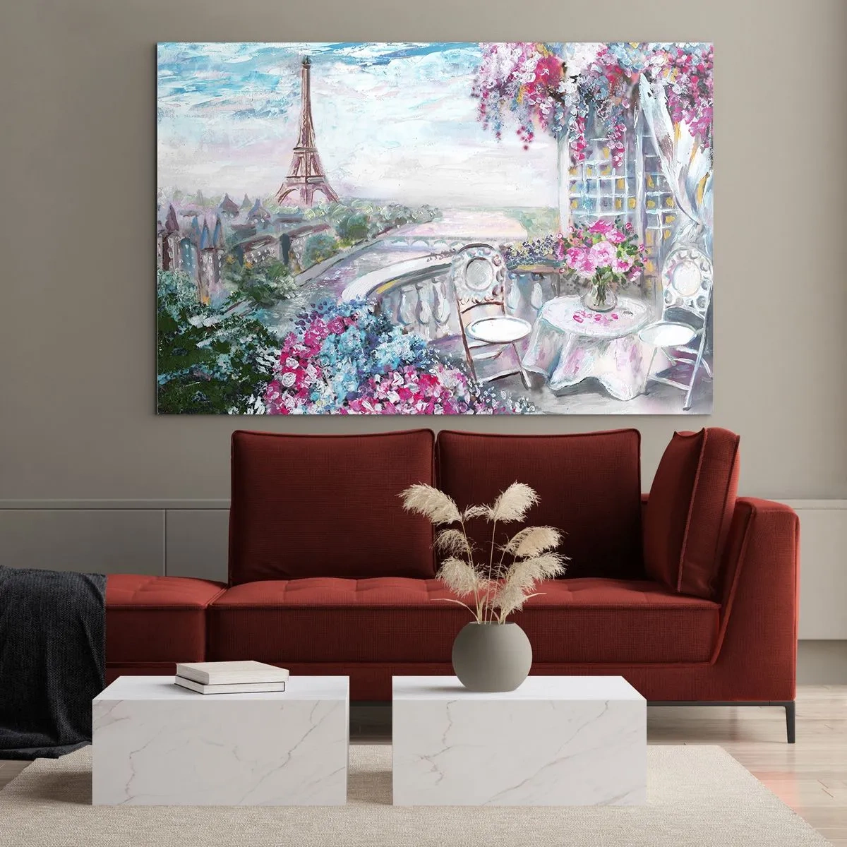 Glasbild - Bild auf glas - Illustration einer Ansicht des Eiffelturms mit einem Balkon voller Blumen - 100x70cm - Am schönsten ist es hier im Mai - Moderne Wanddekoration für Wohnzimmer und Schlafzimmer ARTTOR