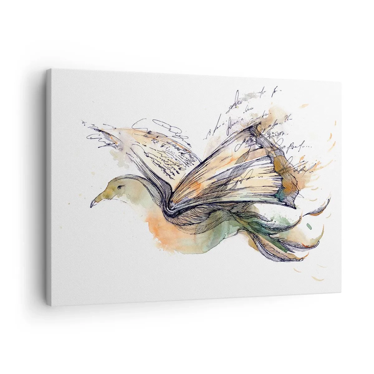 Bild auf Leinwand - Leinwandbild - Künstlerische Aquarellmalerei eines Vogels mit einem Buch als Flügel - 70x50cm - Auf den Flügeln der Poesie - Moderne Wanddekoration für Wohnzimmer und Schlafzimmer ARTTOR