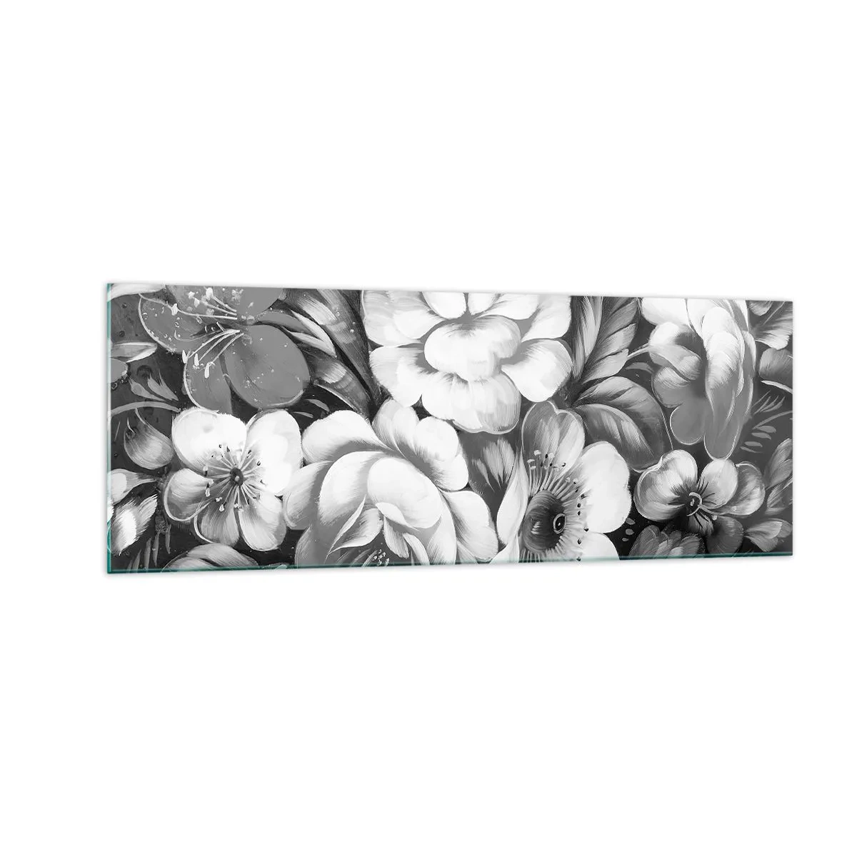 Glasbild - Bild auf glas - Schwarze und weiße Blumen in einer klassischen und eleganten Komposition - 140x50cm - Schön auch in Grau - Moderne Wanddekoration für Wohnzimmer und Schlafzimmer ARTTOR