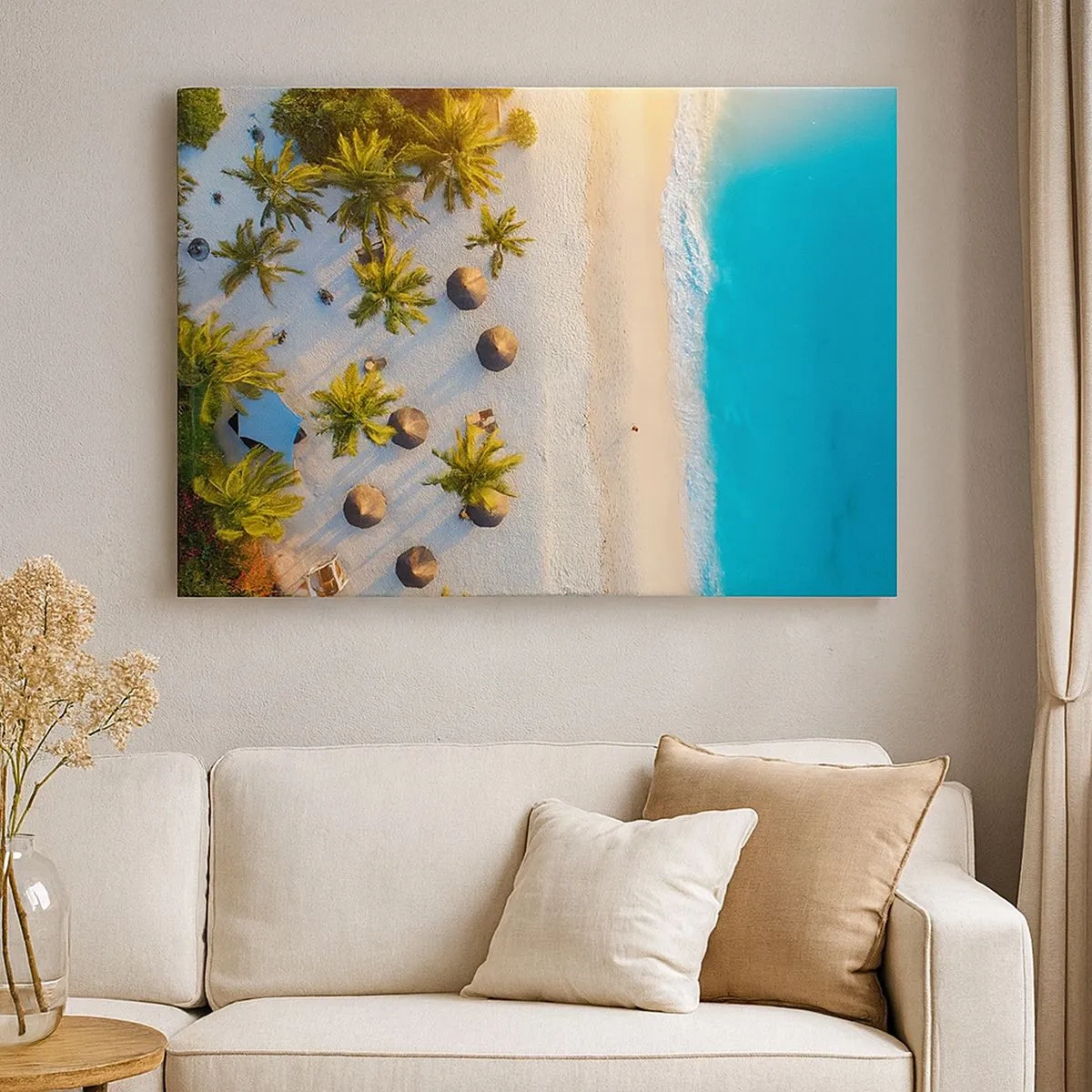 Bild auf Leinwand - Leinwandbild - Blick auf einen tropischen Strand mit Palmen und türkisfarbenem Meer - 70x50cm - Willkommen im Paradies - Moderne Wanddekoration für Wohnzimmer und Schlafzimmer ARTTOR