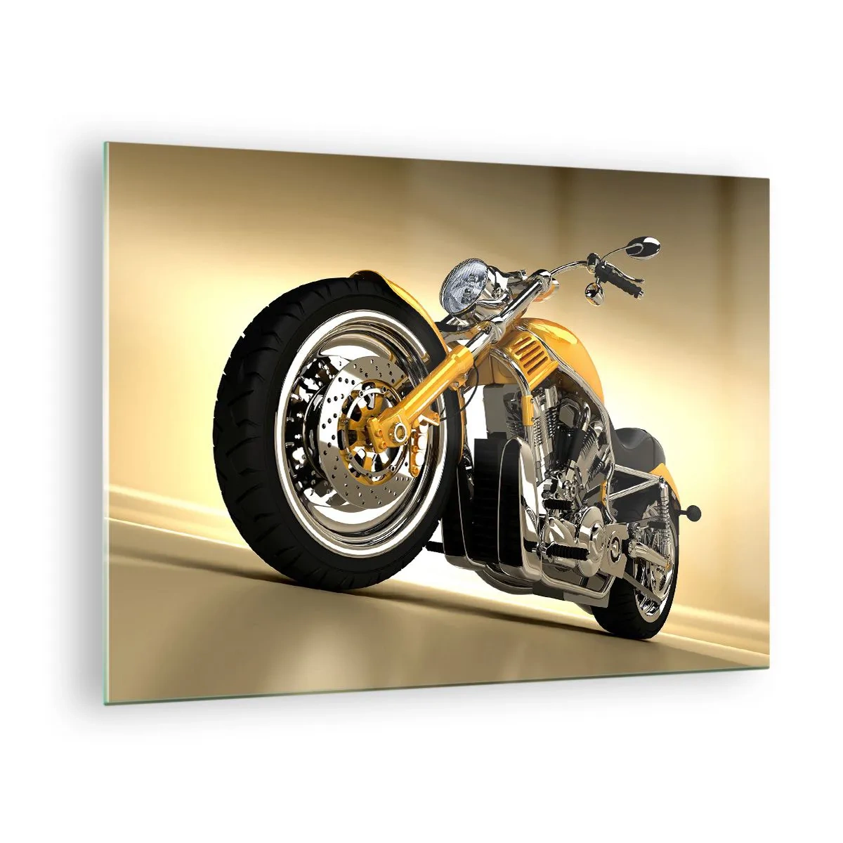 Glasbild - Bild auf glas - Ein goldenes Custom-Motorrad vor hellem Hintergrund - 70x50cm - Ein Traum von Kraft und Geschwindigkeit - Moderne Wanddekoration für Wohnzimmer und Schlafzimmer ARTTOR