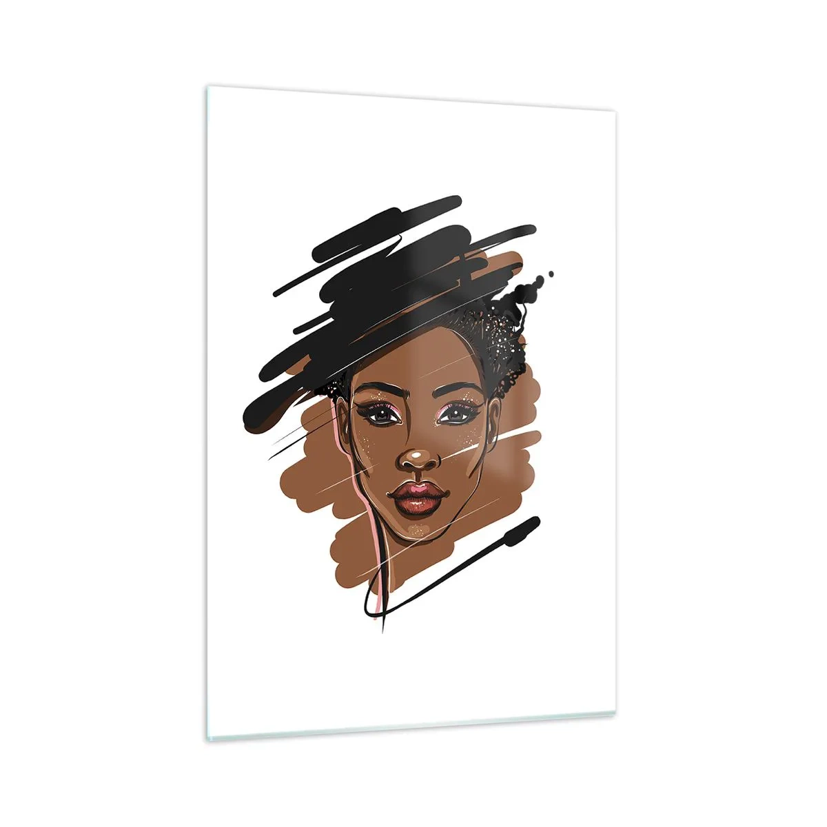 Glasbild - Bild auf glas - Porträt einer schwarzen Frau im Stil einer Modeskizze - 50x70cm - Süß wie Schokolade - Moderne Wanddekoration für Wohnzimmer und Schlafzimmer ARTTOR