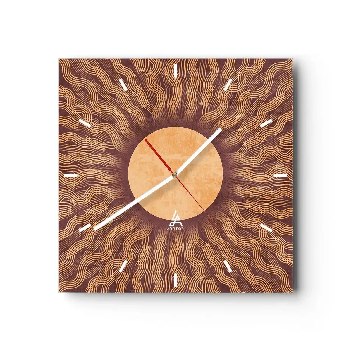 Wanduhr - Glasuhr - Sonniges Muster mit Strahlen auf einem Hintergrund in Brauntönen - 30x30cm - Sonnensymbol - Moderne Wanddekoration für Wohnzimmer und Schlafzimmer ARTTOR