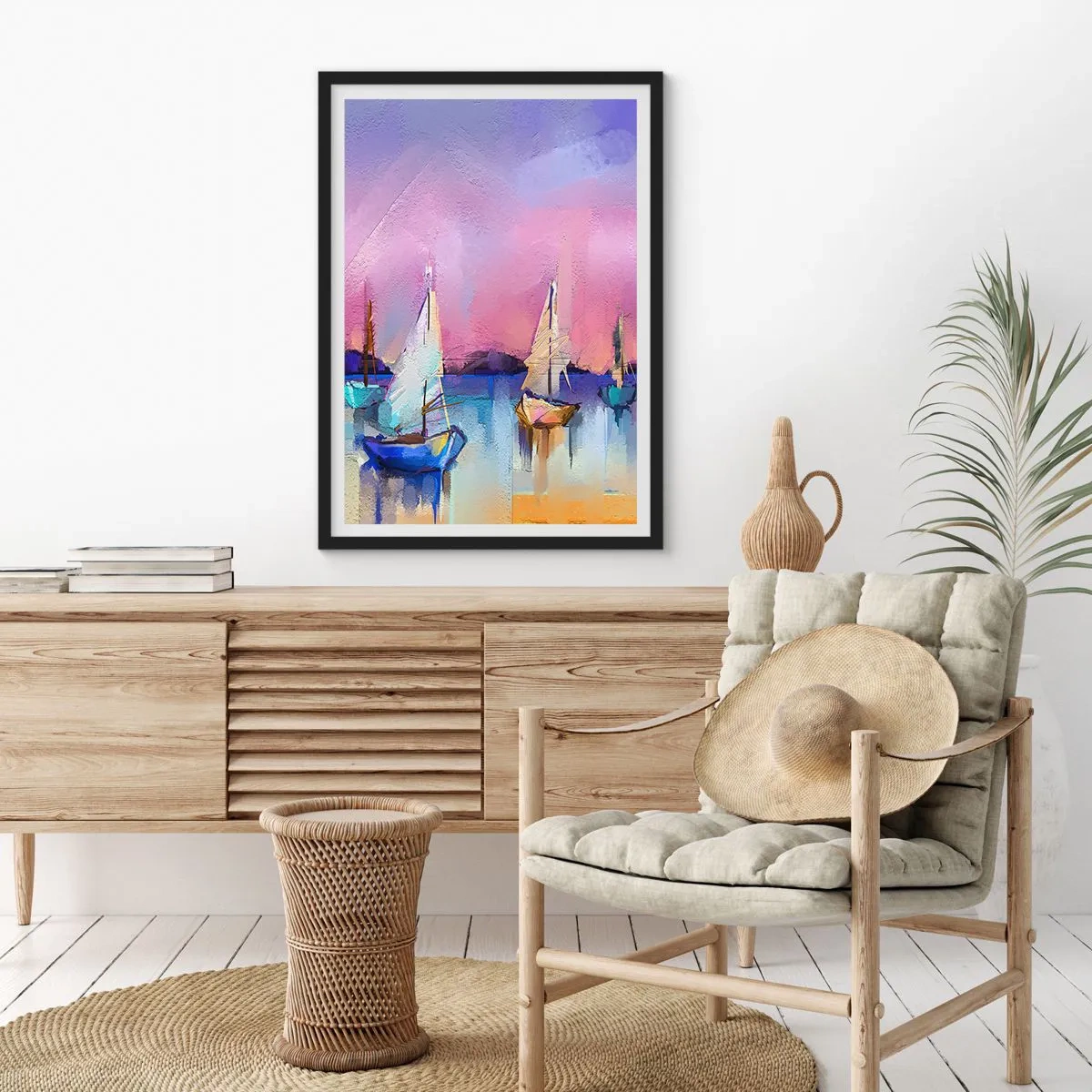 Poster in einem schwarzem Rahmen - Abstrakte Segelboote auf einem bunten Hintergrund - 50x70cm - Richtung: breites Wasser - Moderne Wanddekoration für Wohnzimmer und Schlafzimmer ARTTOR