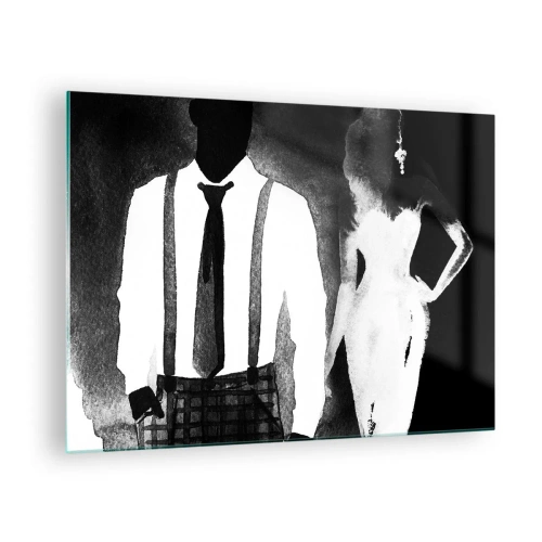 Glasbild - Bild auf glas - Schwarz-weiße Silhouette eines eleganten Noir-Paares - 70x50cm - In Noir-Atmosphäre - Moderne Wanddekoration für Wohnzimmer und Schlafzimmer ARTTOR